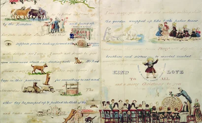 Ein Weihnachtsbrief, geschrieben mit Piktogrammen (Feder und Tinte und Aquarell auf Papier)